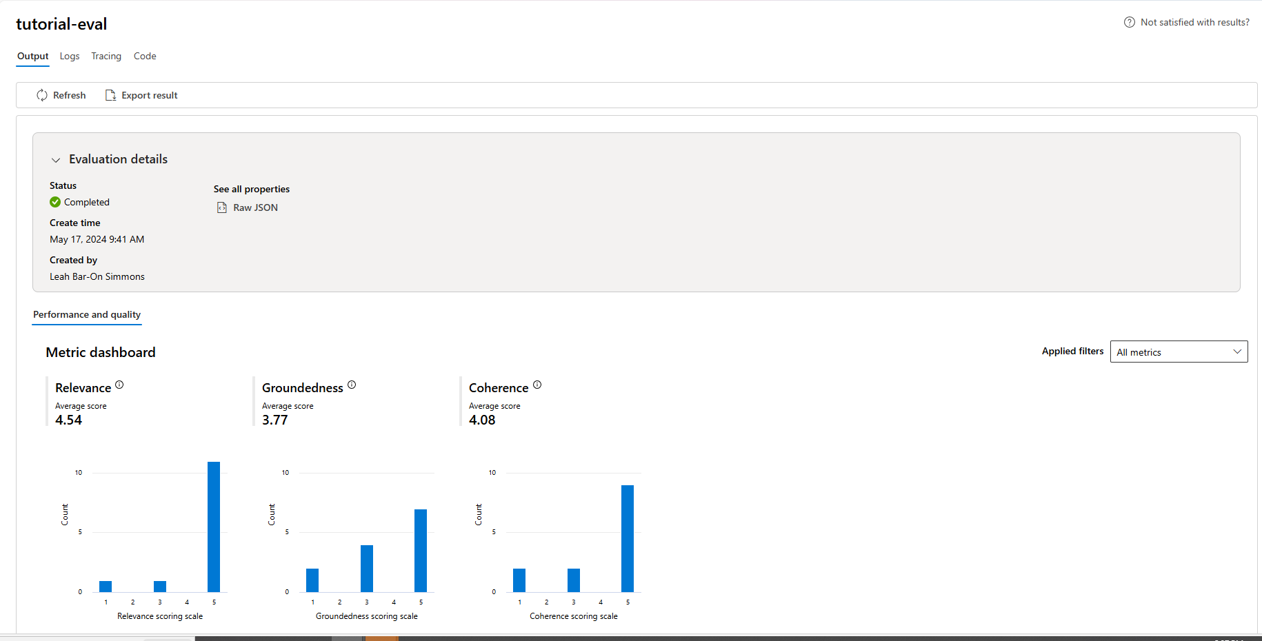 Screenshot shows evaluation overview in Azure AI Studio.