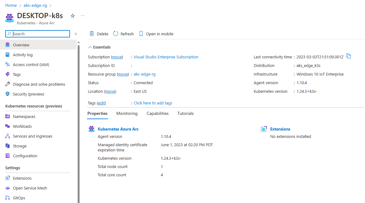 Screenshot showing the cluster in azure portal