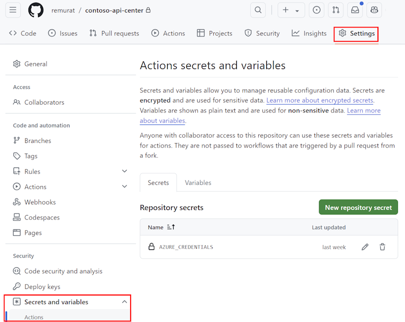 Screenshot of secrets for Actions in a GitHub repository.