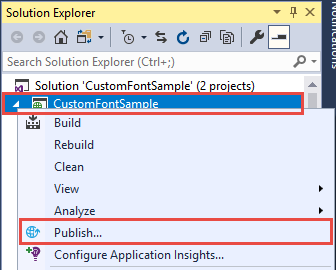 Screenshot of Solution Explorer showing the CustomFontSample project. The Publish menu item is selected.