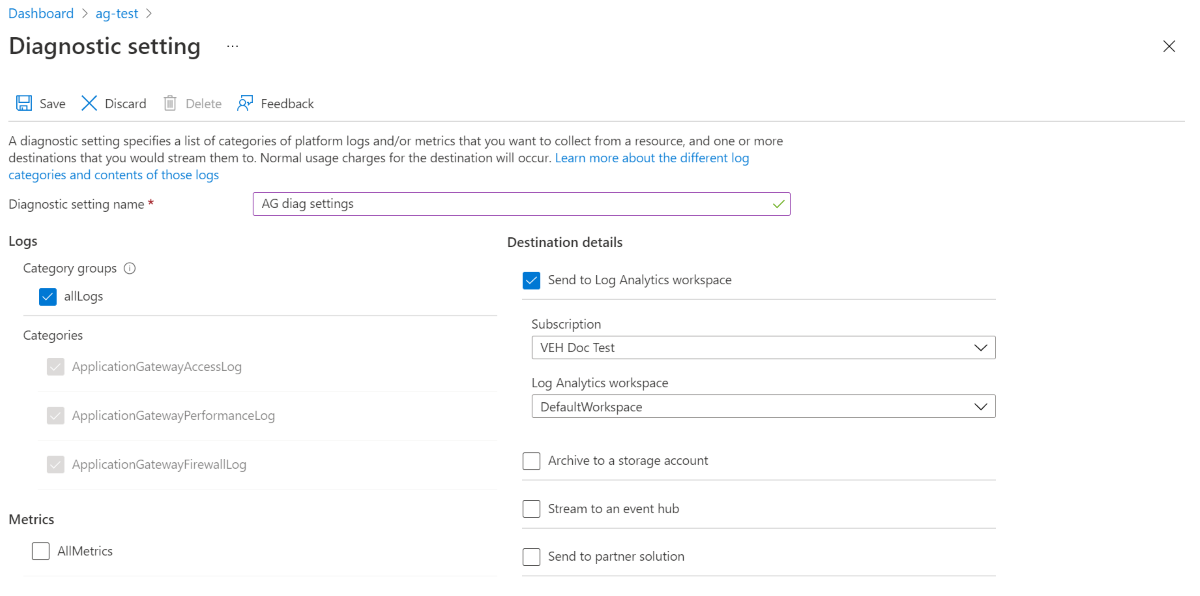 Screenshot shows the Diagnostics settings pane with Log Analytics Configure selected.