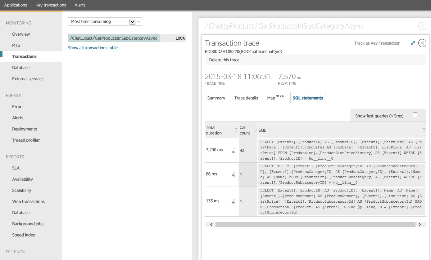 Query details for the sample application under test