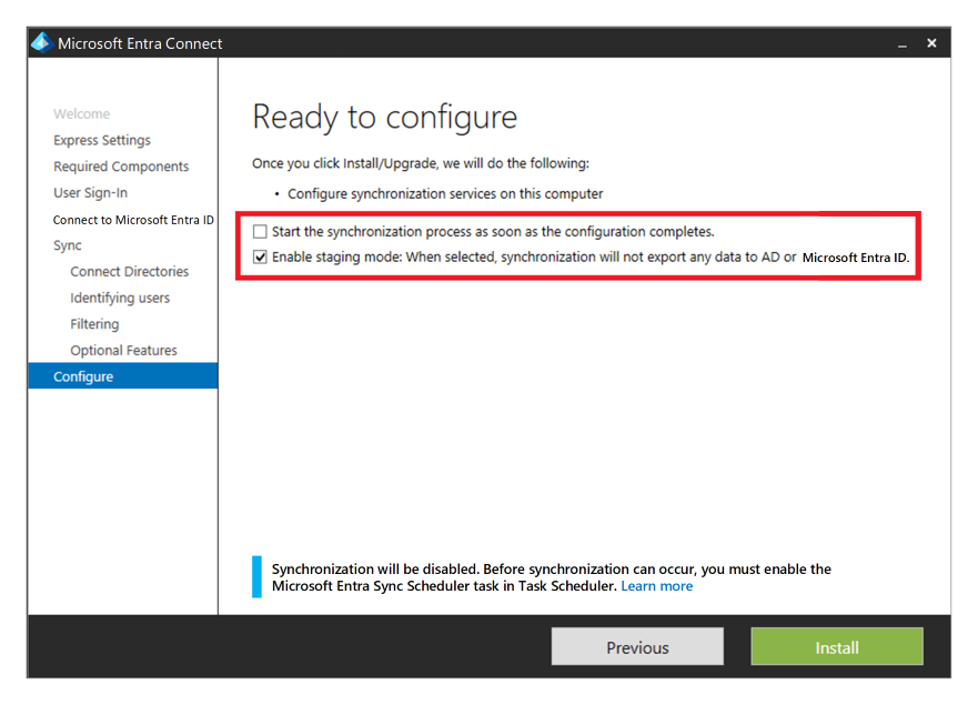 Screenshot that shows the A D Connect configuration wizard.