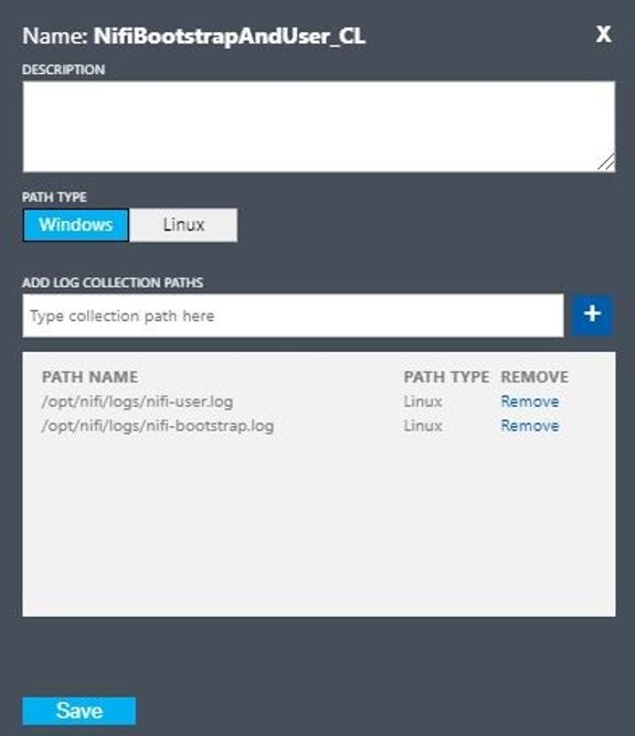 Screenshot of a NiFi window. The configuration values of a custom log for the NiFi bootstrap and user are visible.