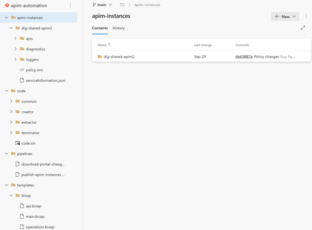 Screenshot of 'APIM-automation' that shows 'apim-instances' and a folder hierarchy.