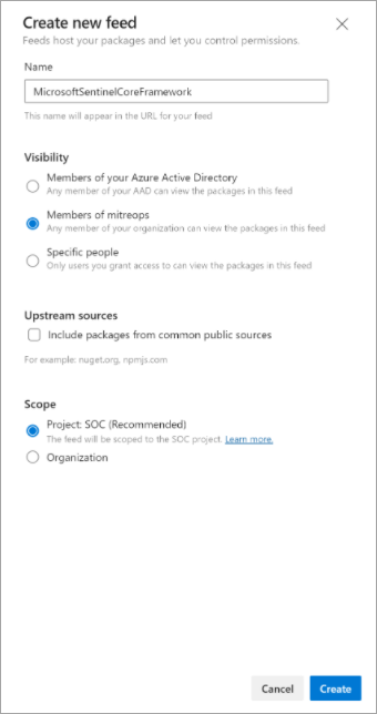 Screenshot of how to create a component feed to host the NuGet packages.