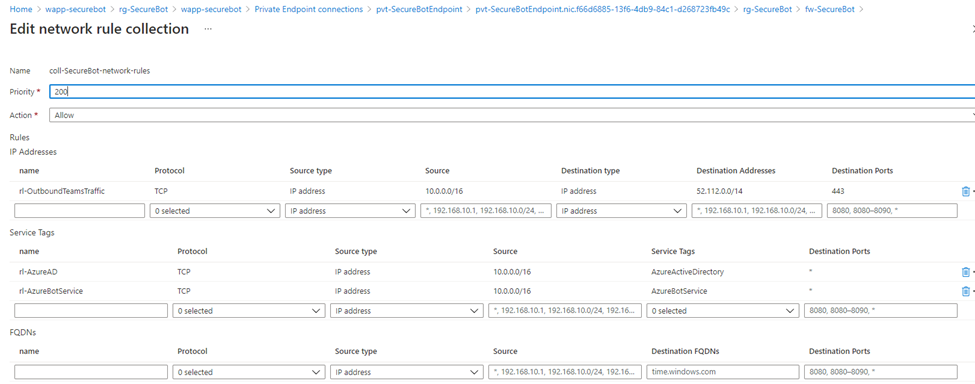 Screenshot of the "Edit network rule collection" pane.