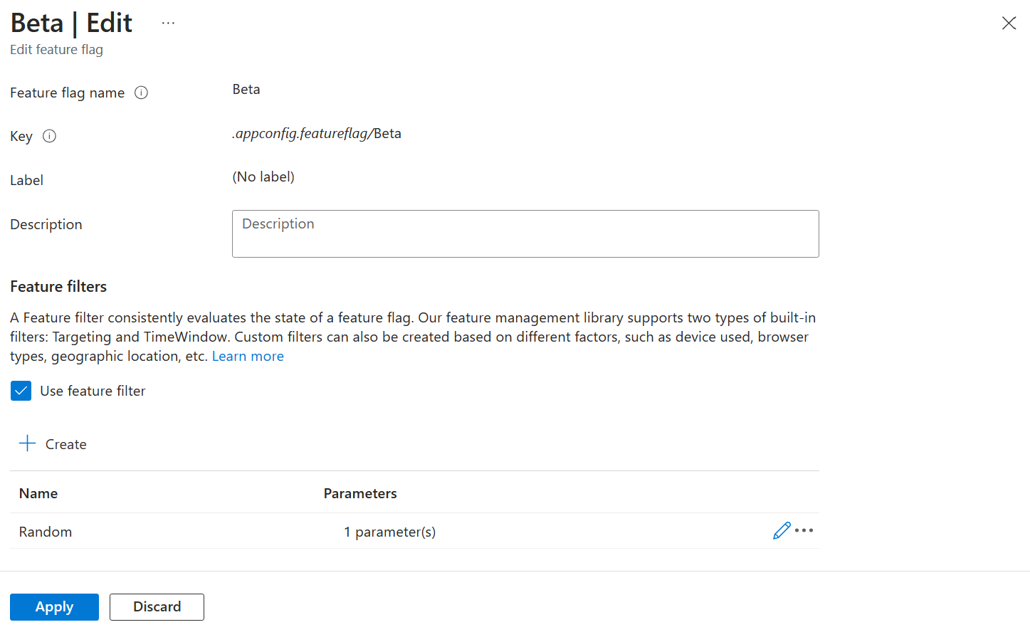 Screenshot of the Azure portal, applying new custom filter.