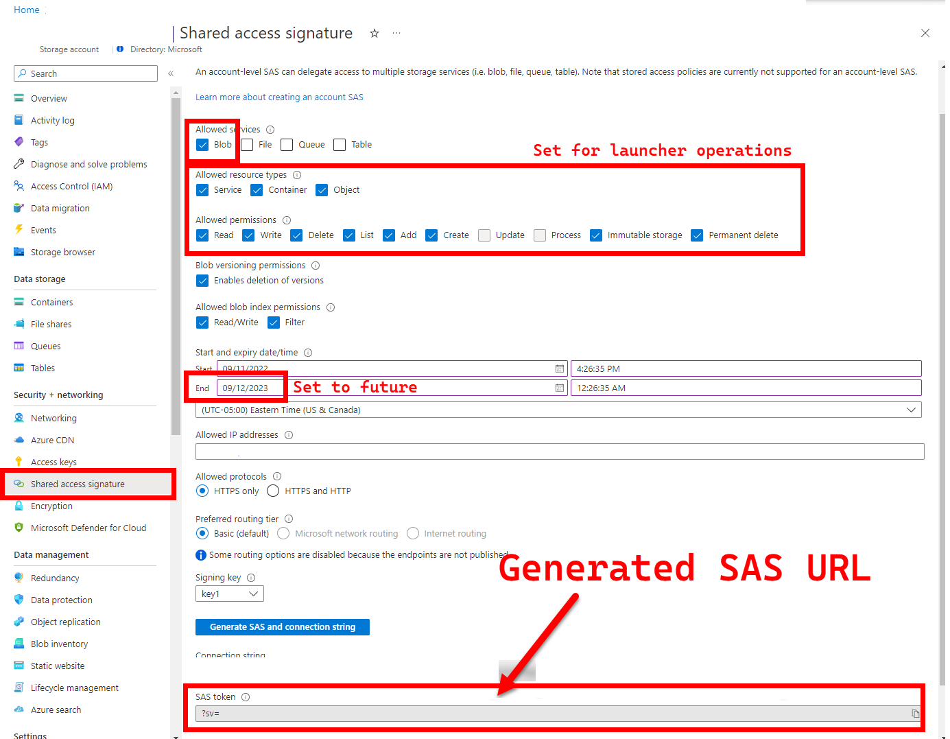 A screenshot of the shared access signature details on the Azure portal.