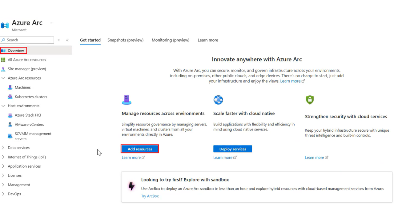 Screenshot that shows how to add VMware vCenter through Azure Arc.