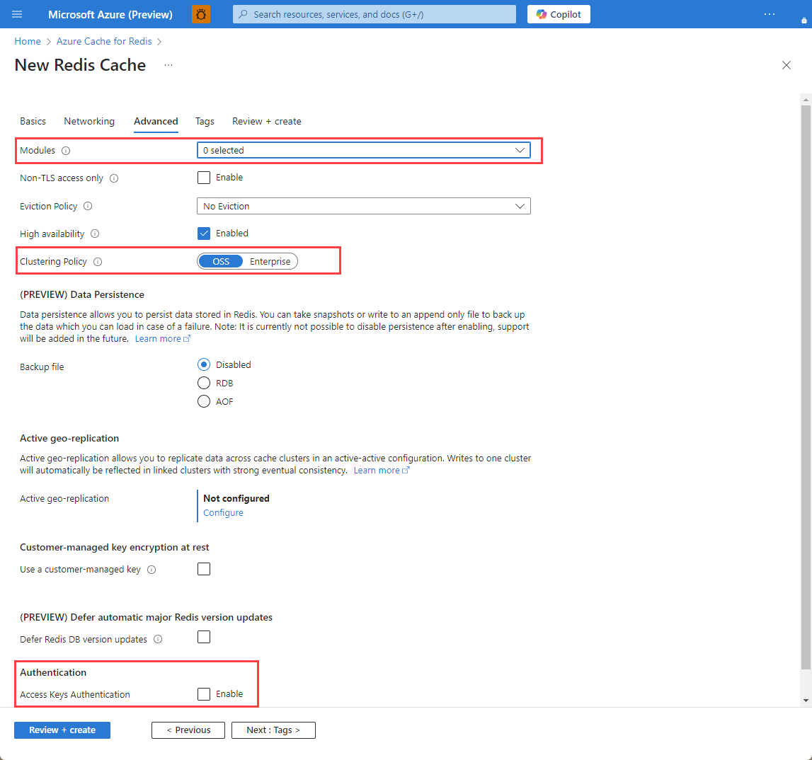 Screenshot that shows the Azure Managed Redis Advanced tab.