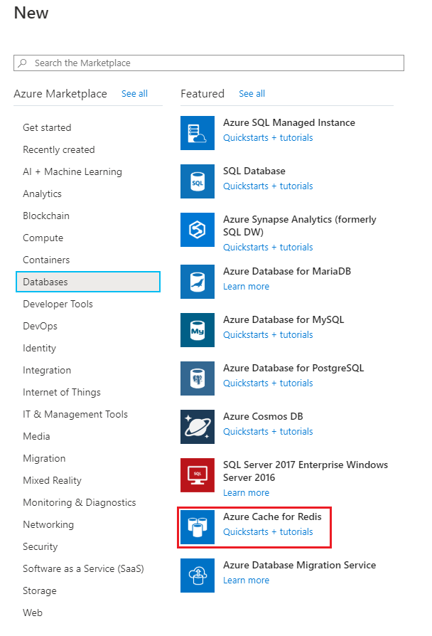 Select Azure Cache for Redis.