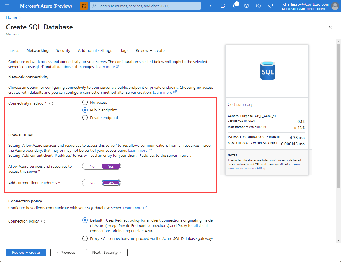 Screenshot of the networking setting for an Azure SQL resource.