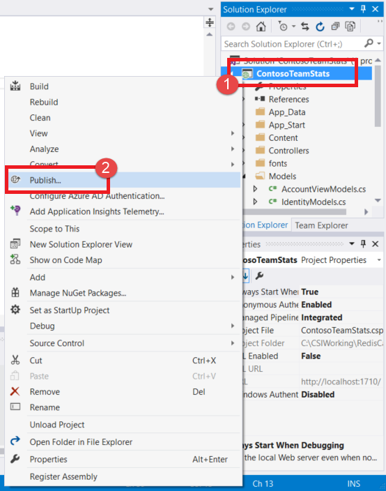 Screenshot that shows the Publish menu command highlighted in Azure.