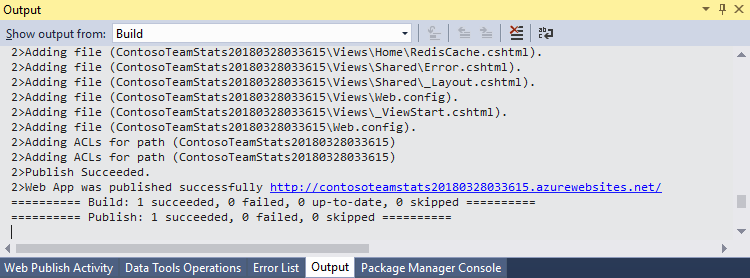 Screenshot that shows the publishing output window in Visual Studio.