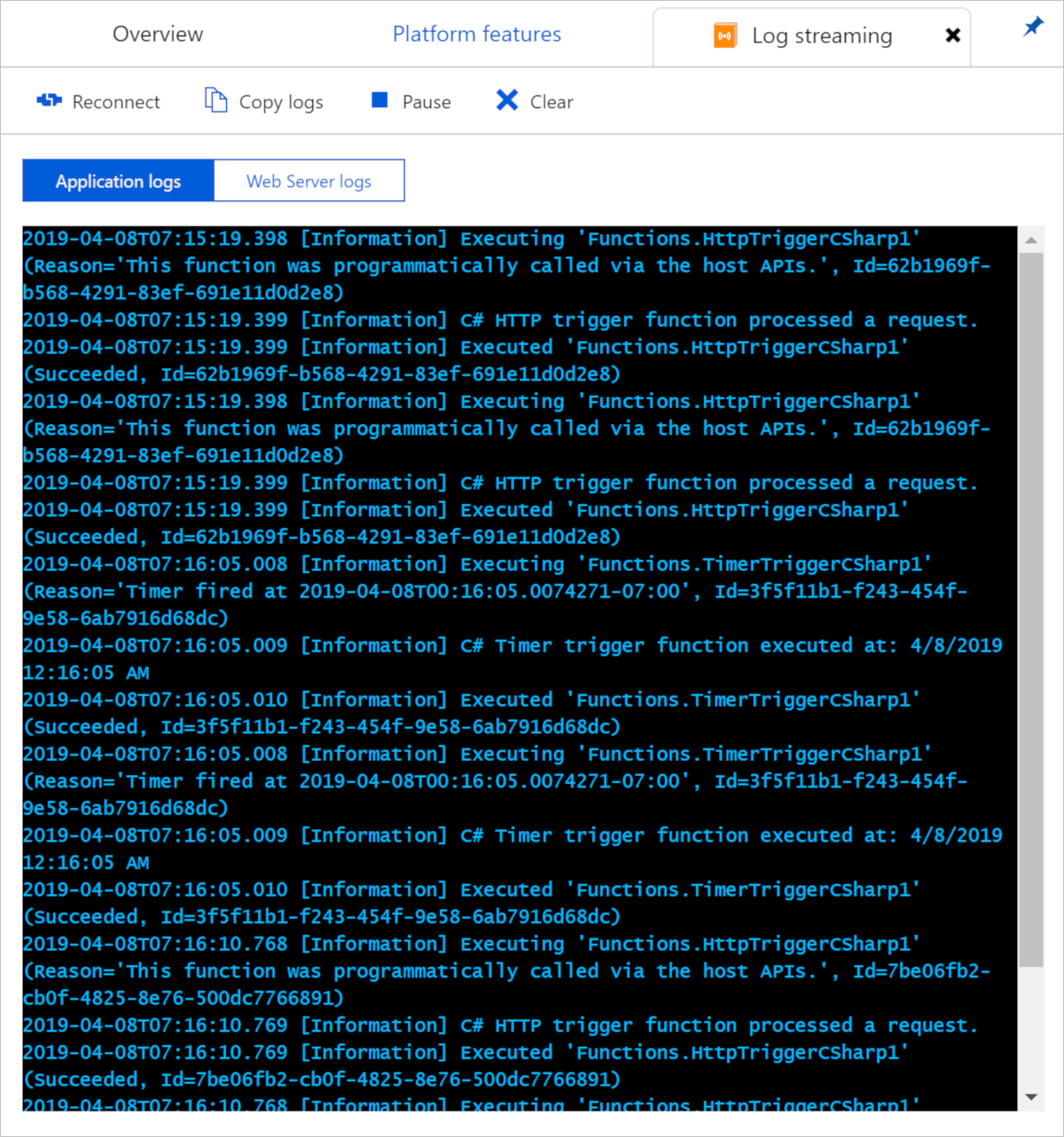 View streaming logs in the portal