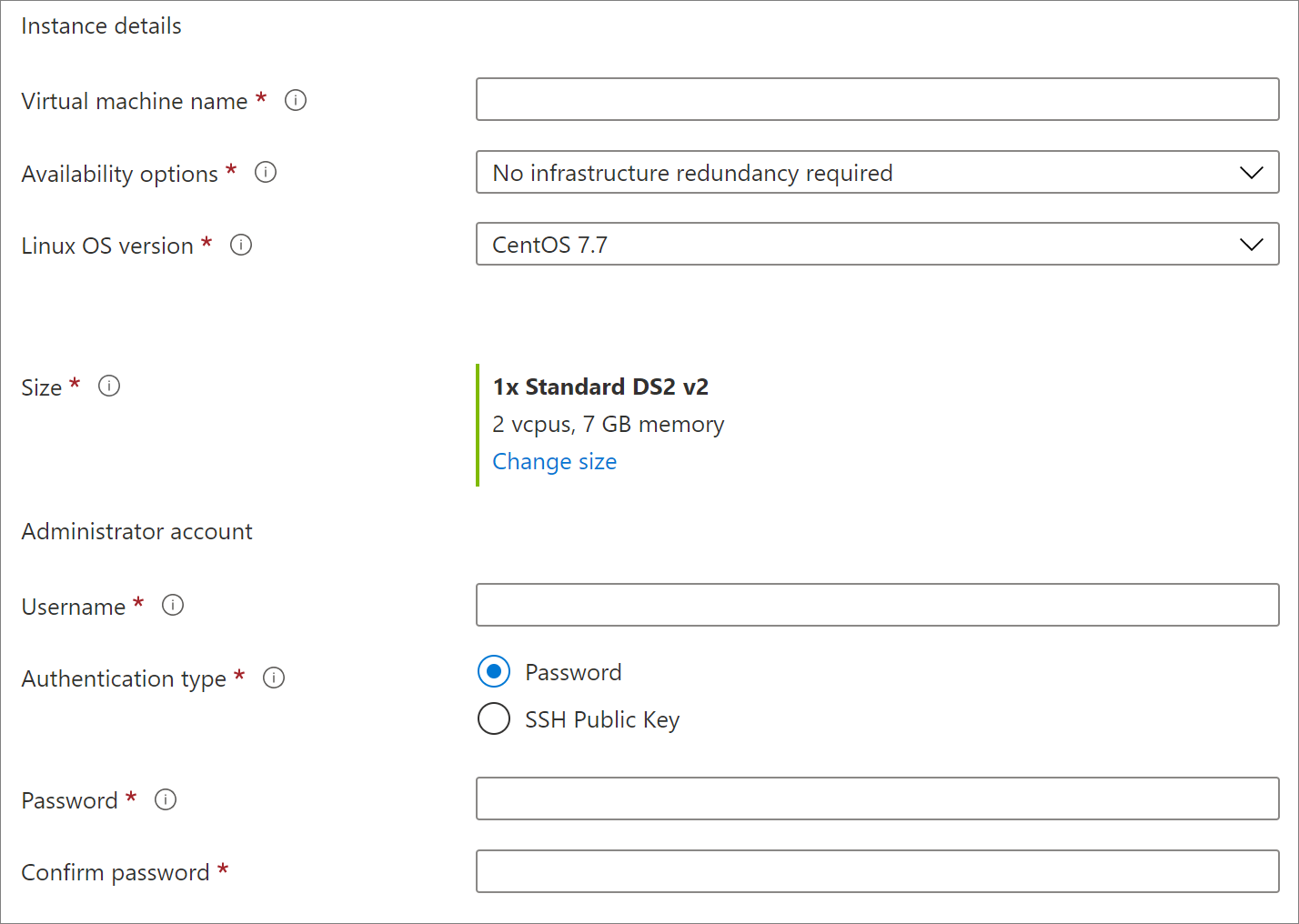 Instance details section where you provide a name for the virtual machine and select its region, image, and size