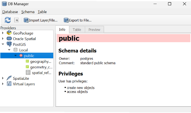 A screenshot showing the DB Manager in QGIS.