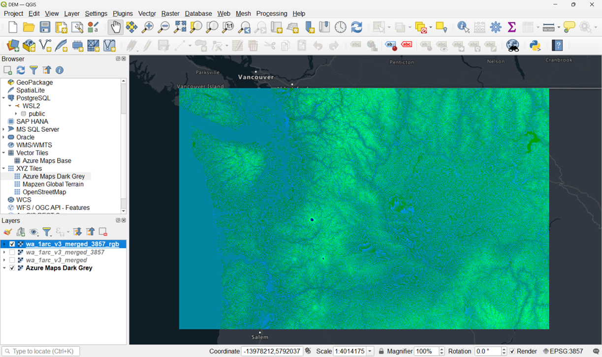 A screenshot showing the RGB-encoded GeoTIFF in QGIS.