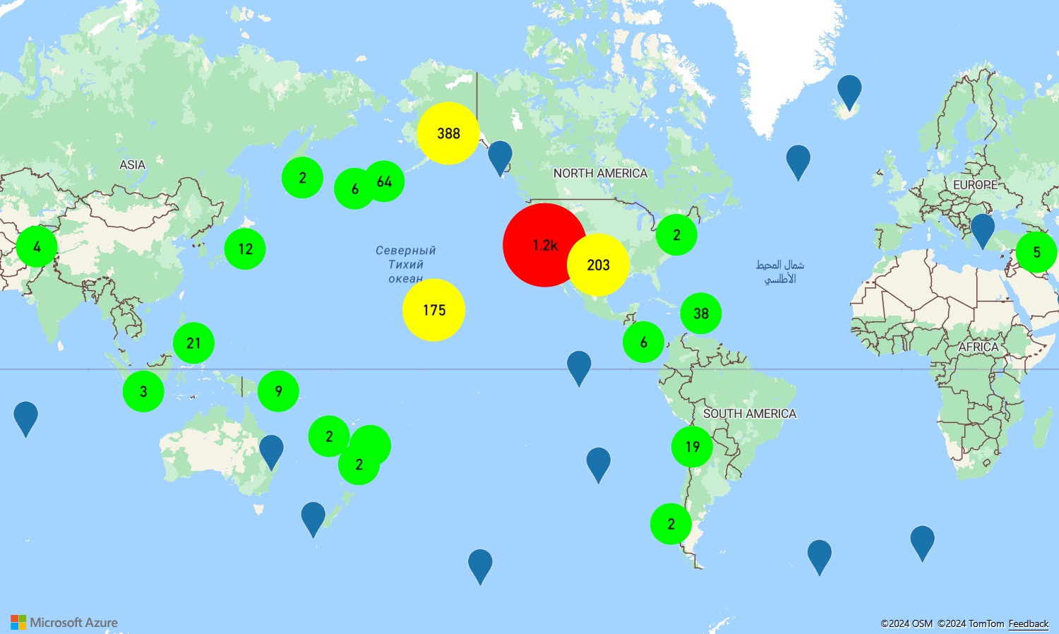 Screenshot showing an Azure Maps map with different size and color bubbles.