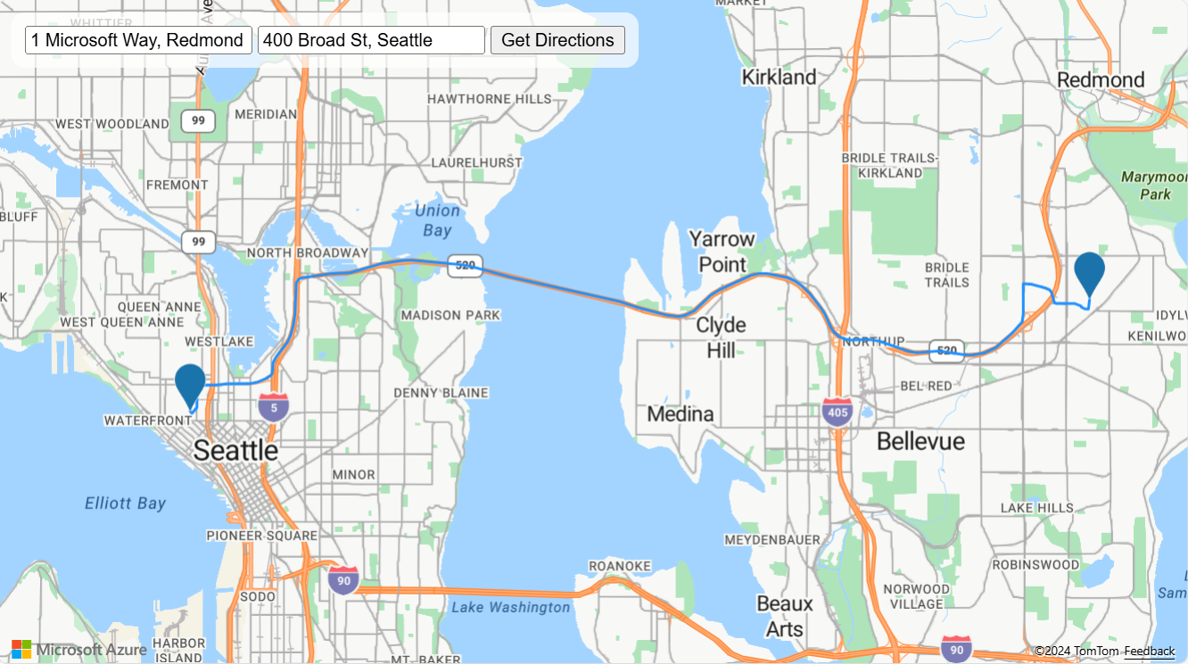 A screenshot of an Azure Maps map showing directions from Redmond to Seattle Washington.