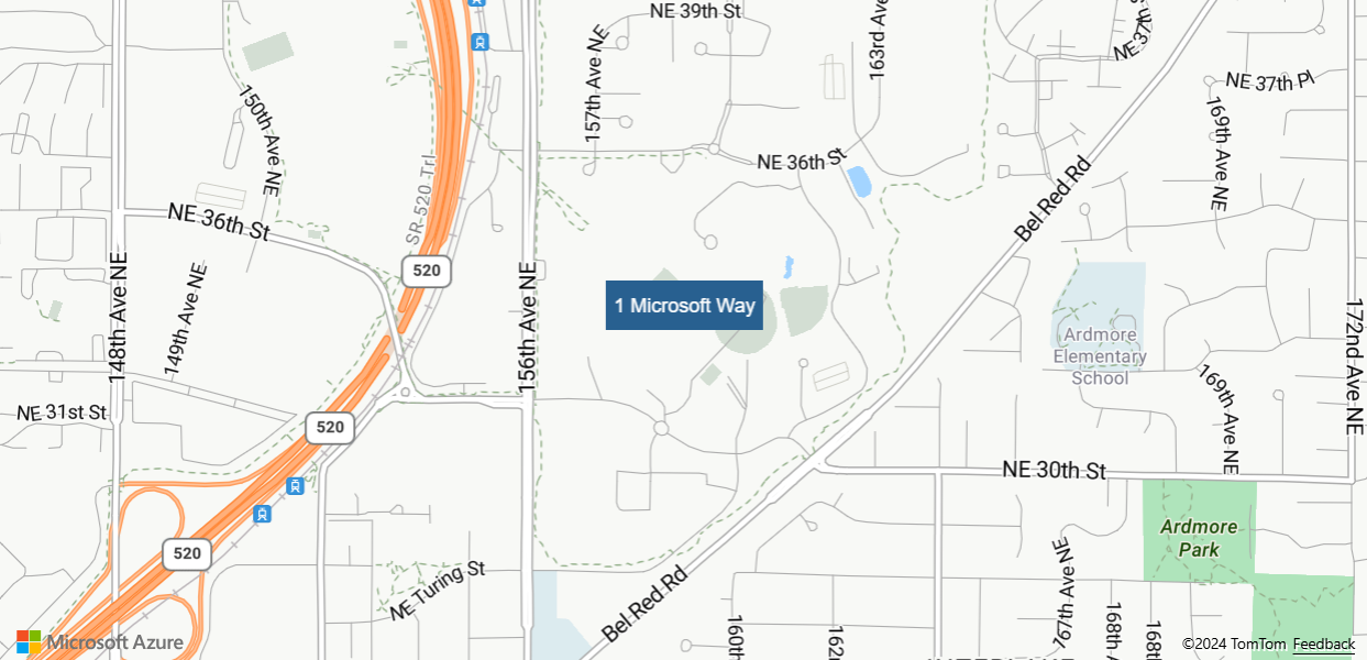 A screenshot showing the results of the previous code sample, a map of Redmond Washington with a pushpin labeled 1 Microsoft Way.