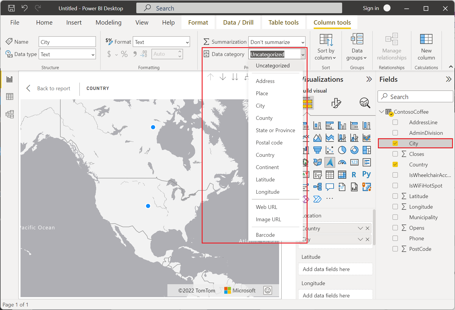 A screenshot showing the data category drop-down list in Power BI desktop.