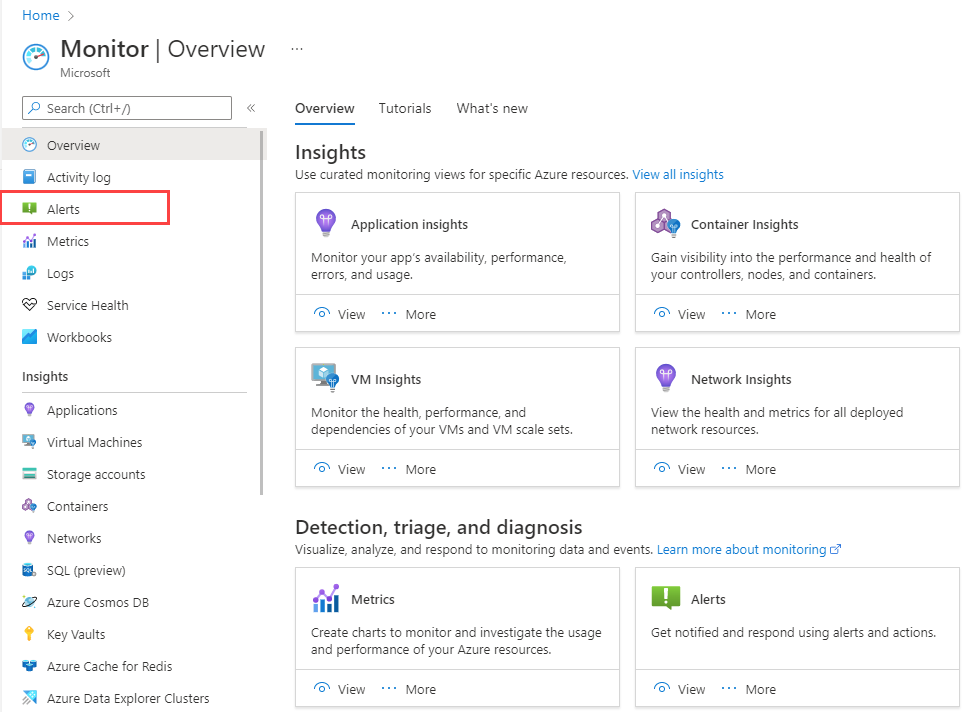 Screenshot that shows Alerts on the Azure Monitor menu. 