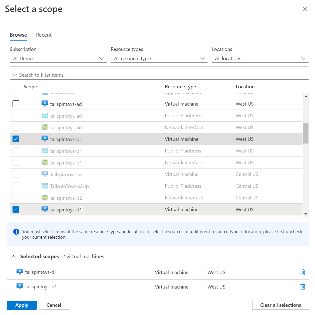 Screenshot that shows how to select multiple resources in the resource scope picker.