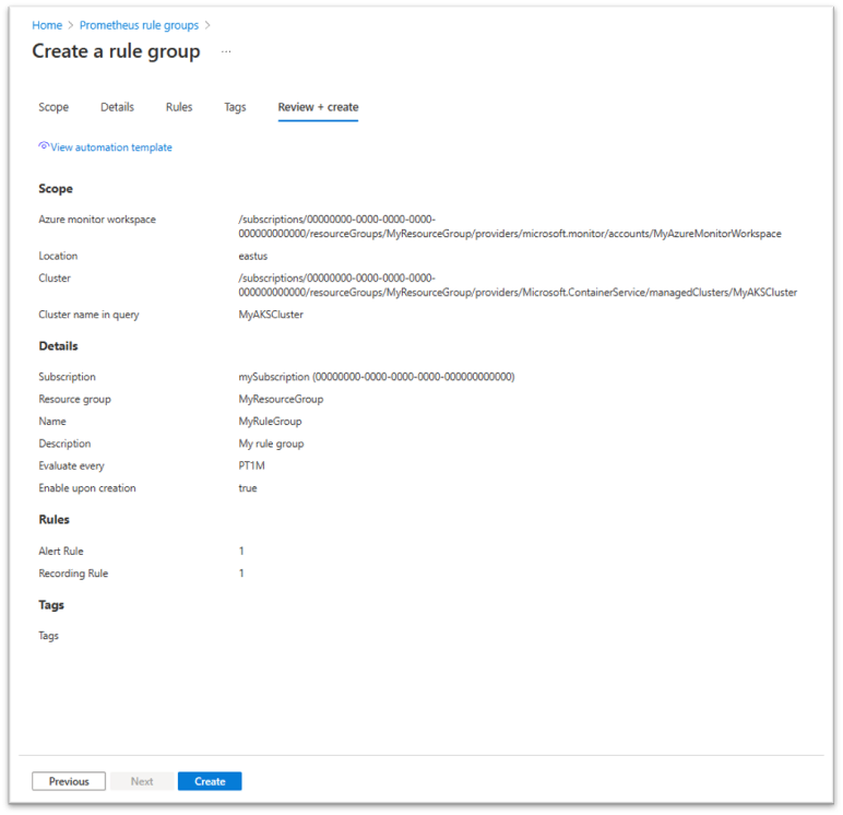 Screenshot that shows the Review and create tab when creating a new alert rule.