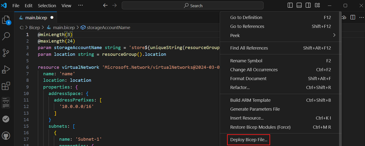 Screenshot of the Deploy Bicep File option.