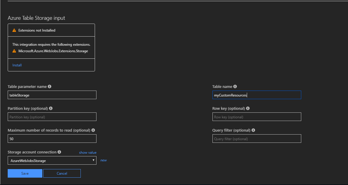 Screenshot of the Azure Functions Integrate tab displaying Azure Table Storage bindings configuration.