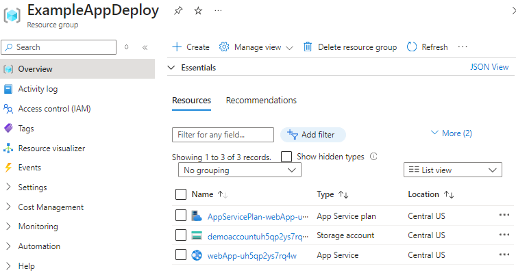 Screenshot of the Azure portal displaying the deployed resources in a resource group.