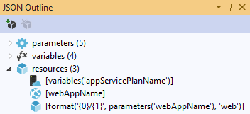 Screenshot of the JSON Outline window in Visual Studio for the Resource Manager template.