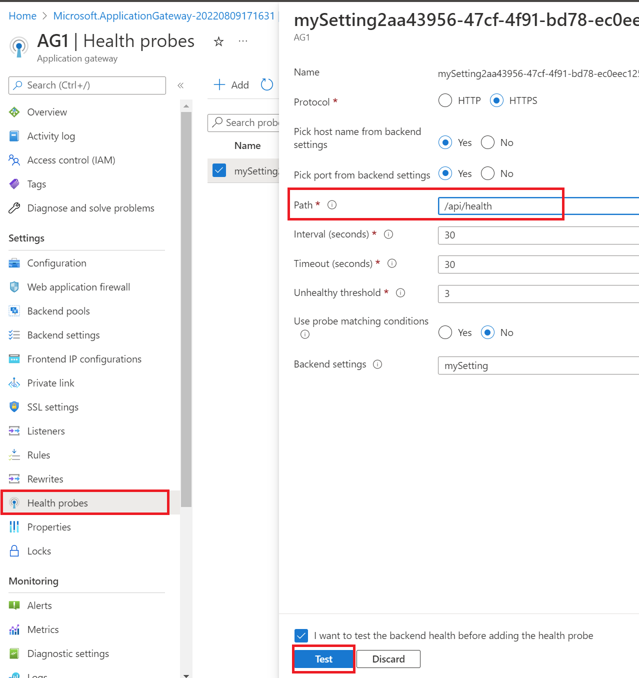 Screenshot of setting up the application gateway backend health probe for the SignalR Service.