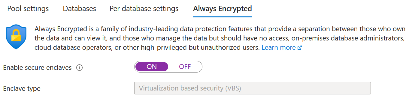 Screenshot of enabling a VBS enclave for an elastic pool.