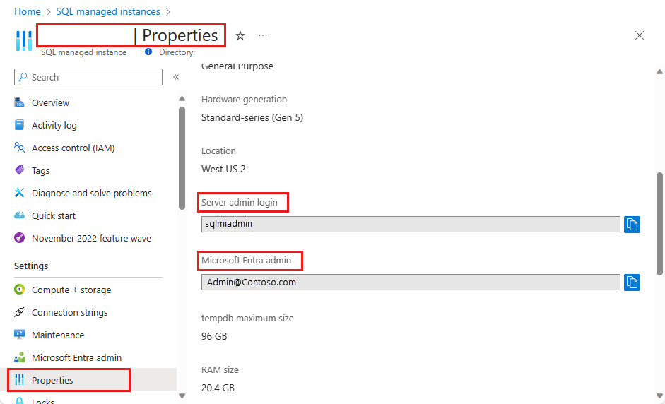 Screenshot shows the SQL managed instance Properties page where you can obtain the login and Microsoft Entra admin values.