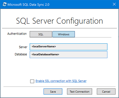 Screenshot from the Microsoft SQL Data Sync 2.0 client agent app. Add and configure a SQL Server database.