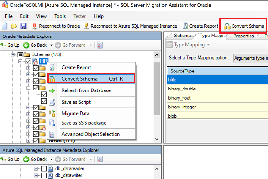 Screenshot that shows Convert Schema.