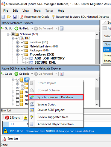 Screenshot that shows Synchronize with Database.