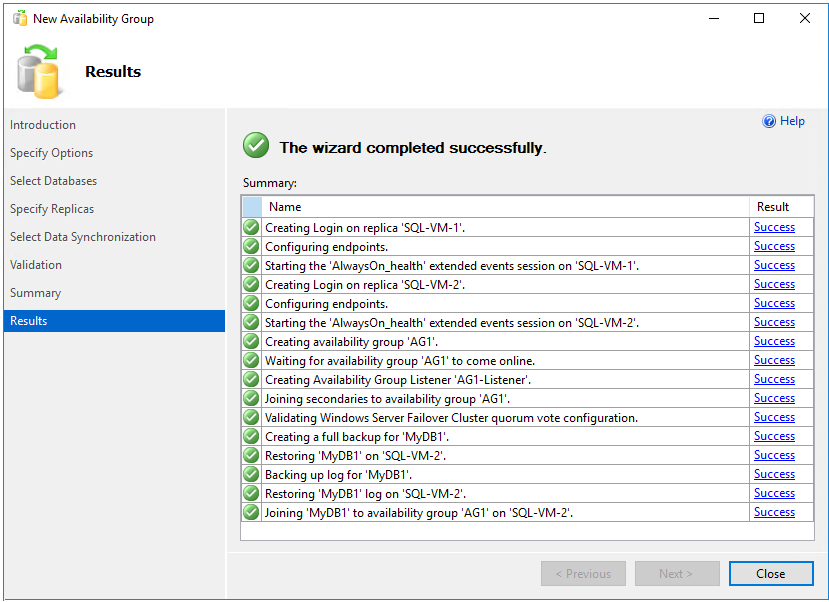 New availability group Wizard, Results.