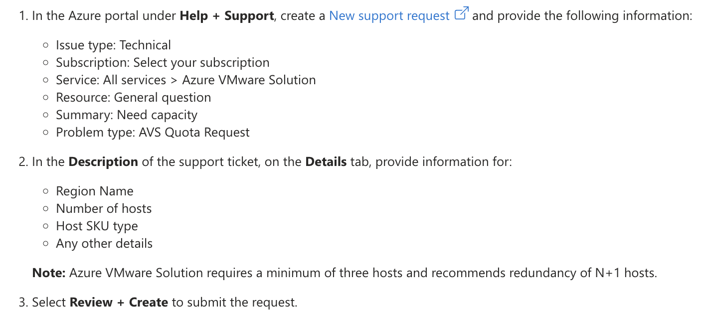 Screenshot of quota request description for existing Azure VMware Solution.