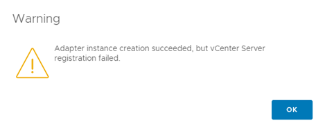 Screenshot shows a Warning message that states the adapter instance was created successfully.