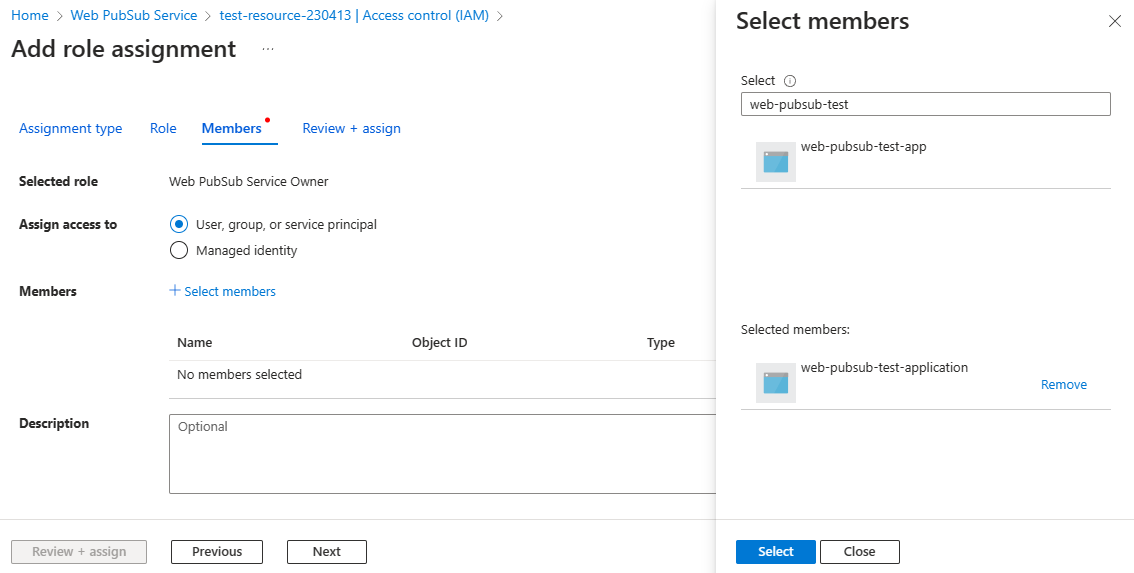 Screenshot that shows assigning a role to service principals.