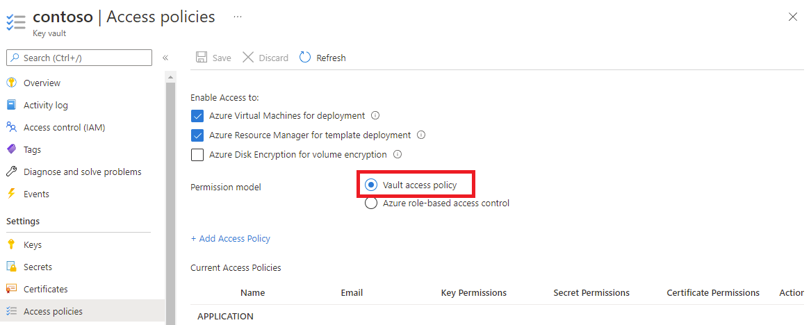 Screenshot of a built-in access policy selected as the key vault permissions model.