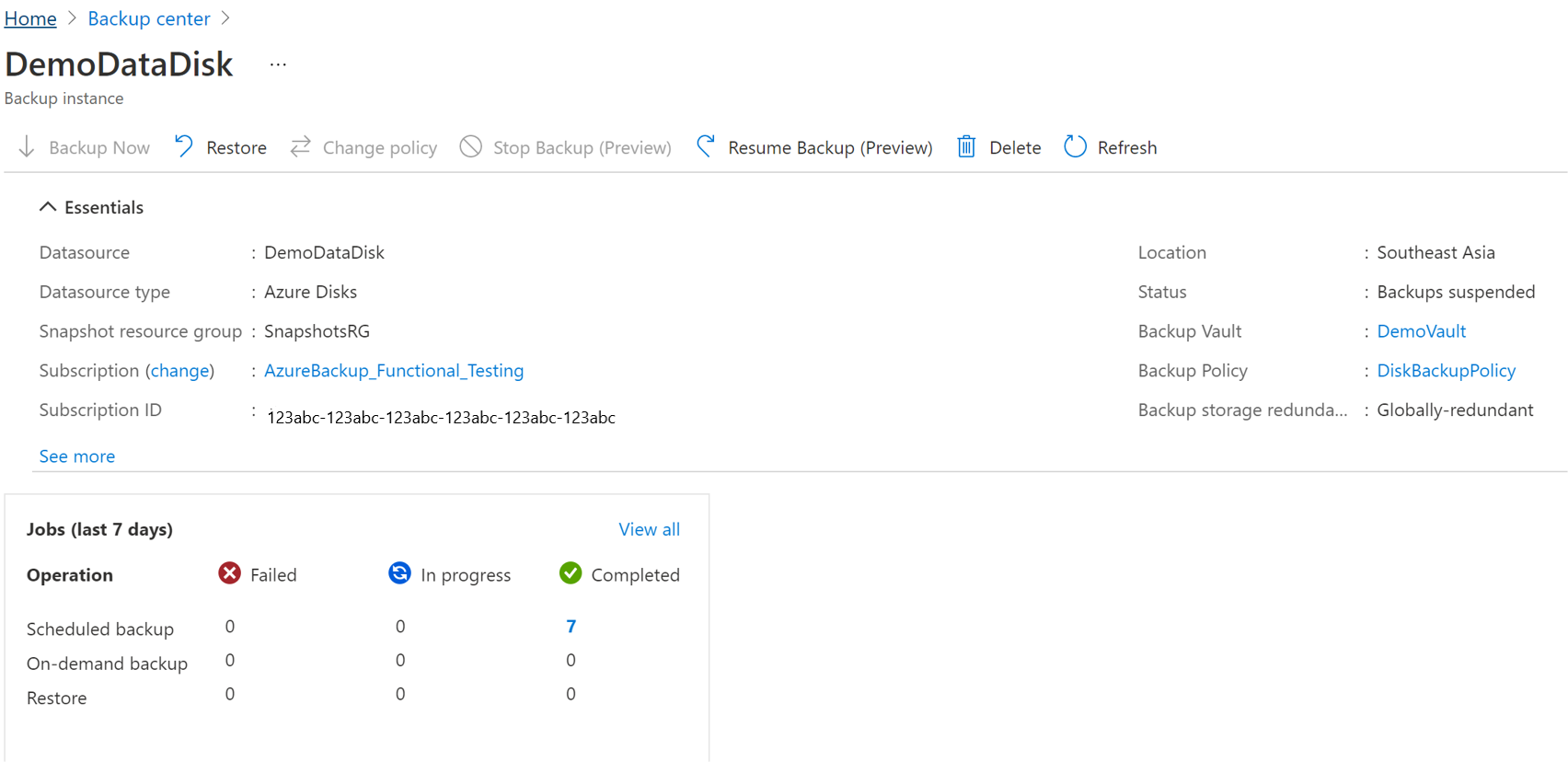 Screenshot showing the option to resume protection of disk.