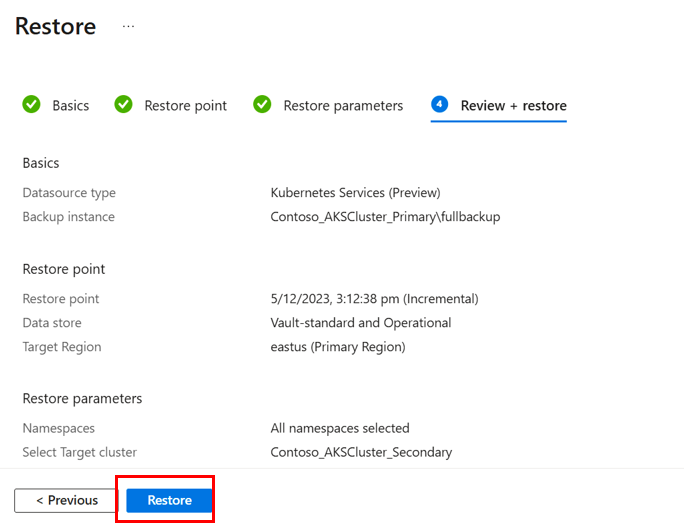 Screenshot shows how to start the restore operation.