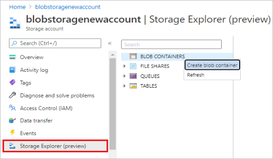 Screenshot of creating a blob container.
