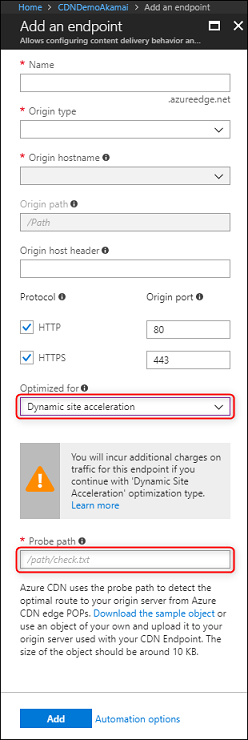 Screenshot of create a new content delivery network endpoint with DSA.