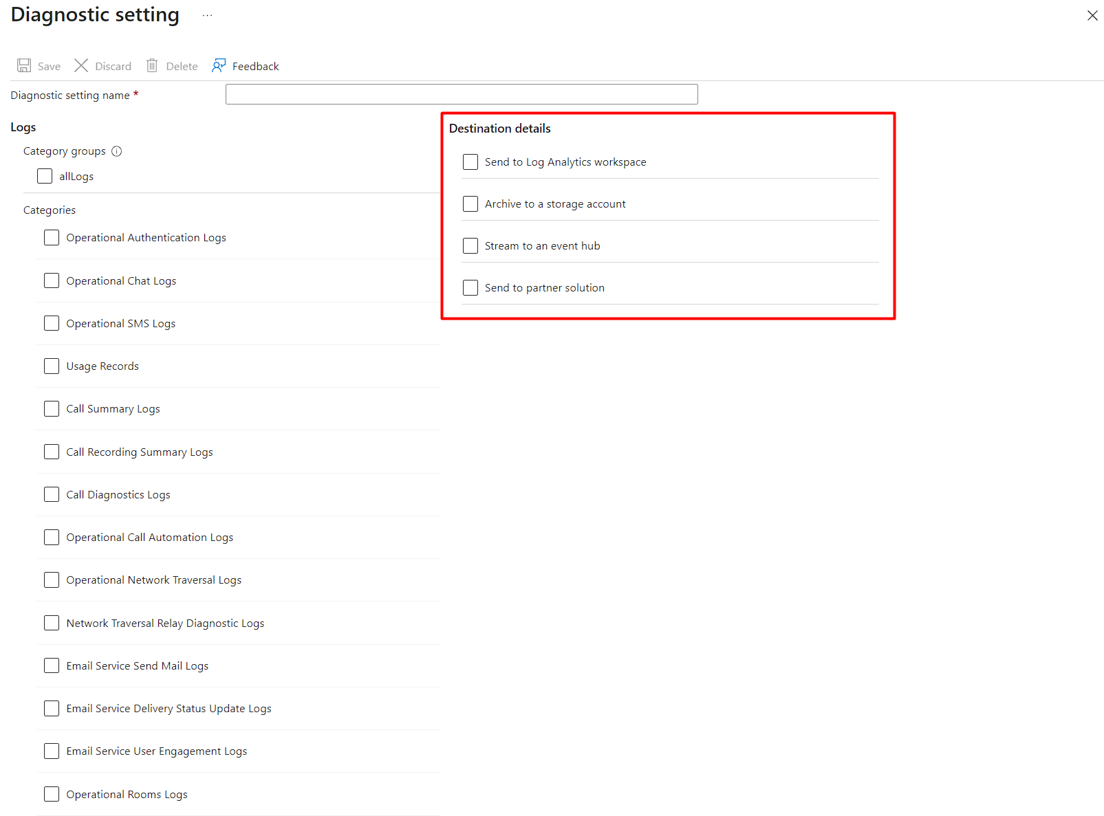 Diagnostic Settings Destination Details